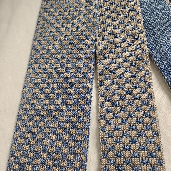 ❤️Men's ALTEA MILANO Grenadine Blue & Tan Square Skinny Tie Necktie Italy - Picture 2 of 9